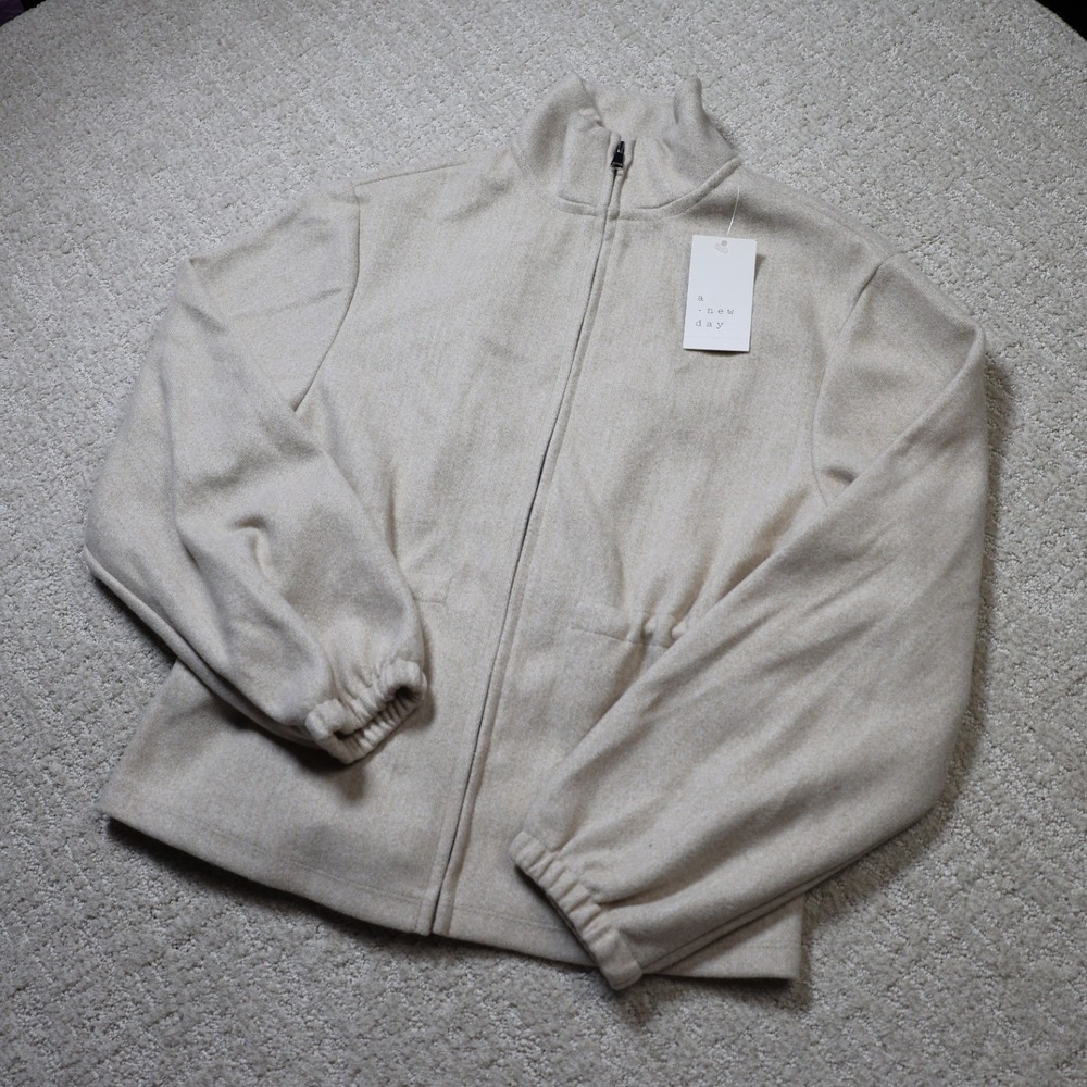 A New Day Womens Brushed Cinched Waist Full Zip Jacket Oatmeal Brown XS
